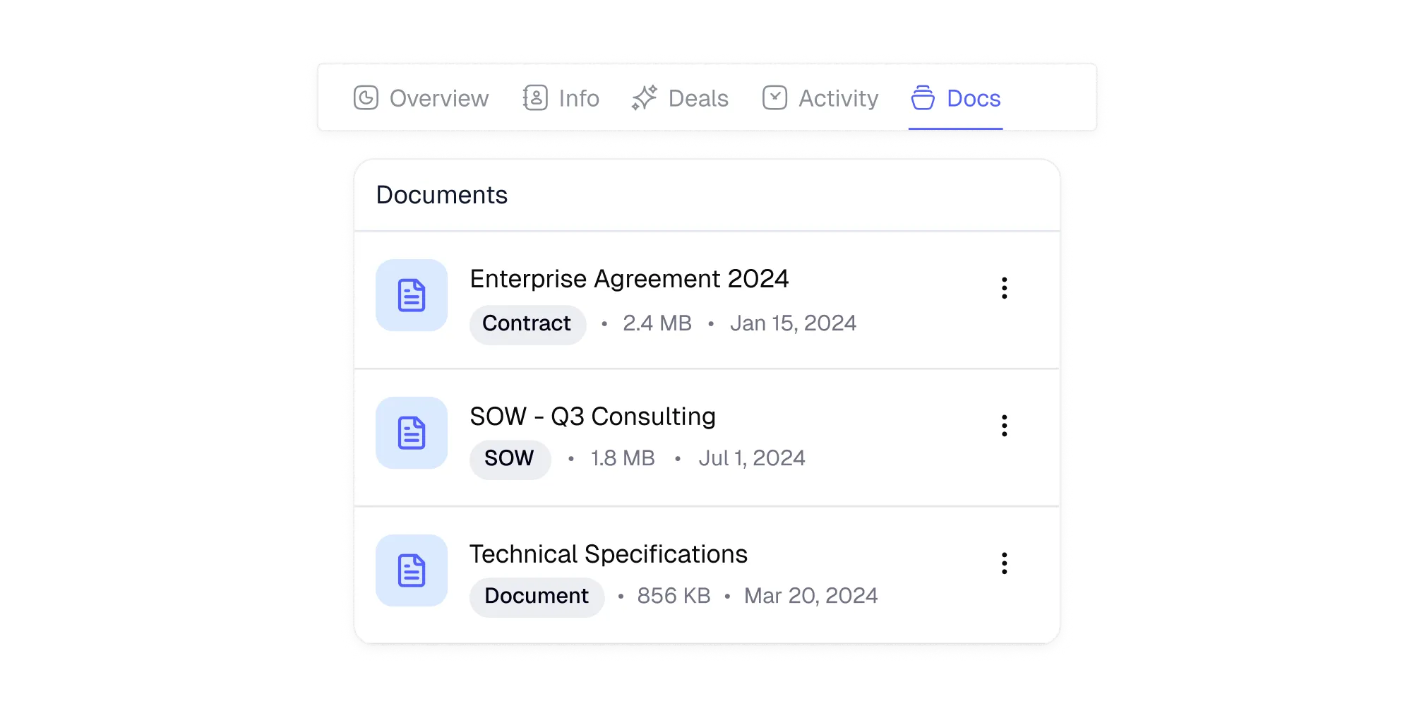 Documents list showing contracts, files, sizes, and upload dates.